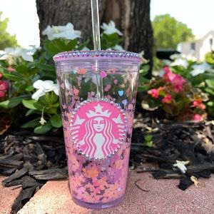 Starbucks Grande 16oz pink glitter hearts snow globe tumbler